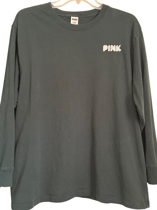Victoria's Secret Pink Tops - Victorias Secret Pink Graphic Long Sleeve Tee Green "Does This Come In Pink?" Te